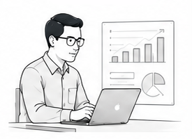 Engineer analyzing production charts on a laptop