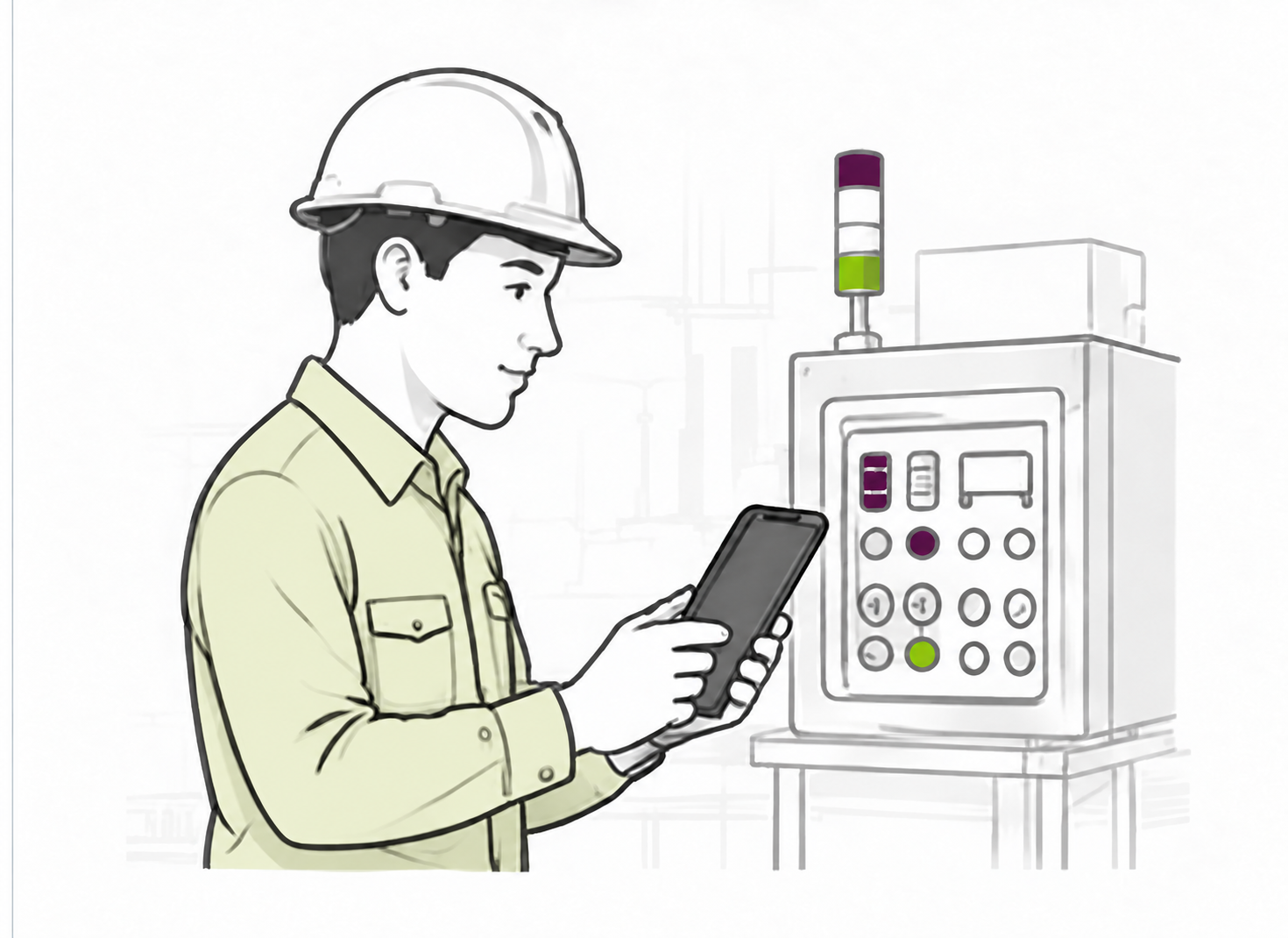 Plant operator reviewing a machine alert on a handheld tablet
