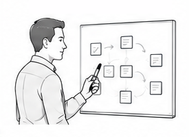 Continuous improvement lead mapping a process flow on a whiteboard