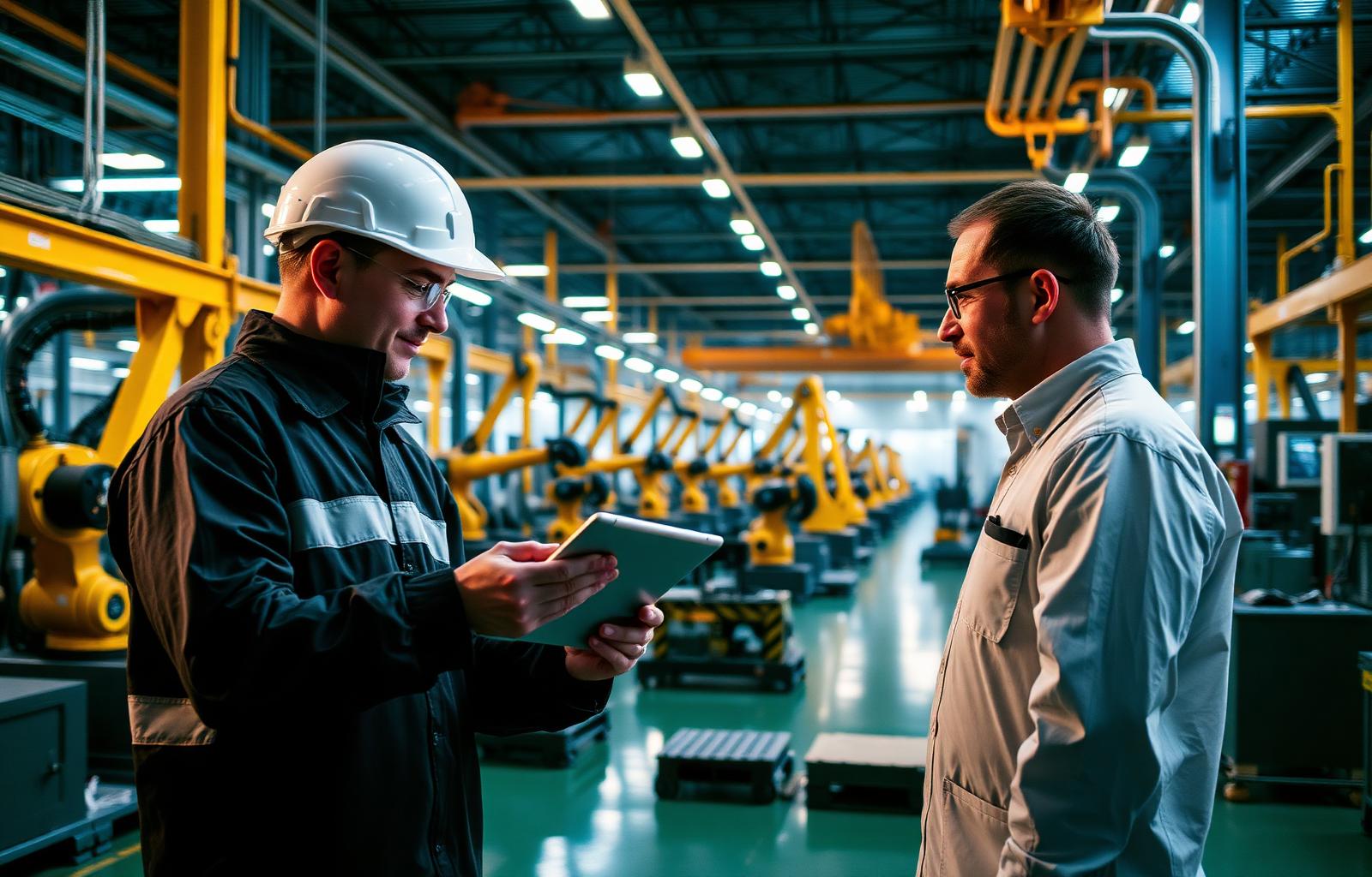 Engineers reviewing KPIs on a tablet inside a Schneider Electric plant